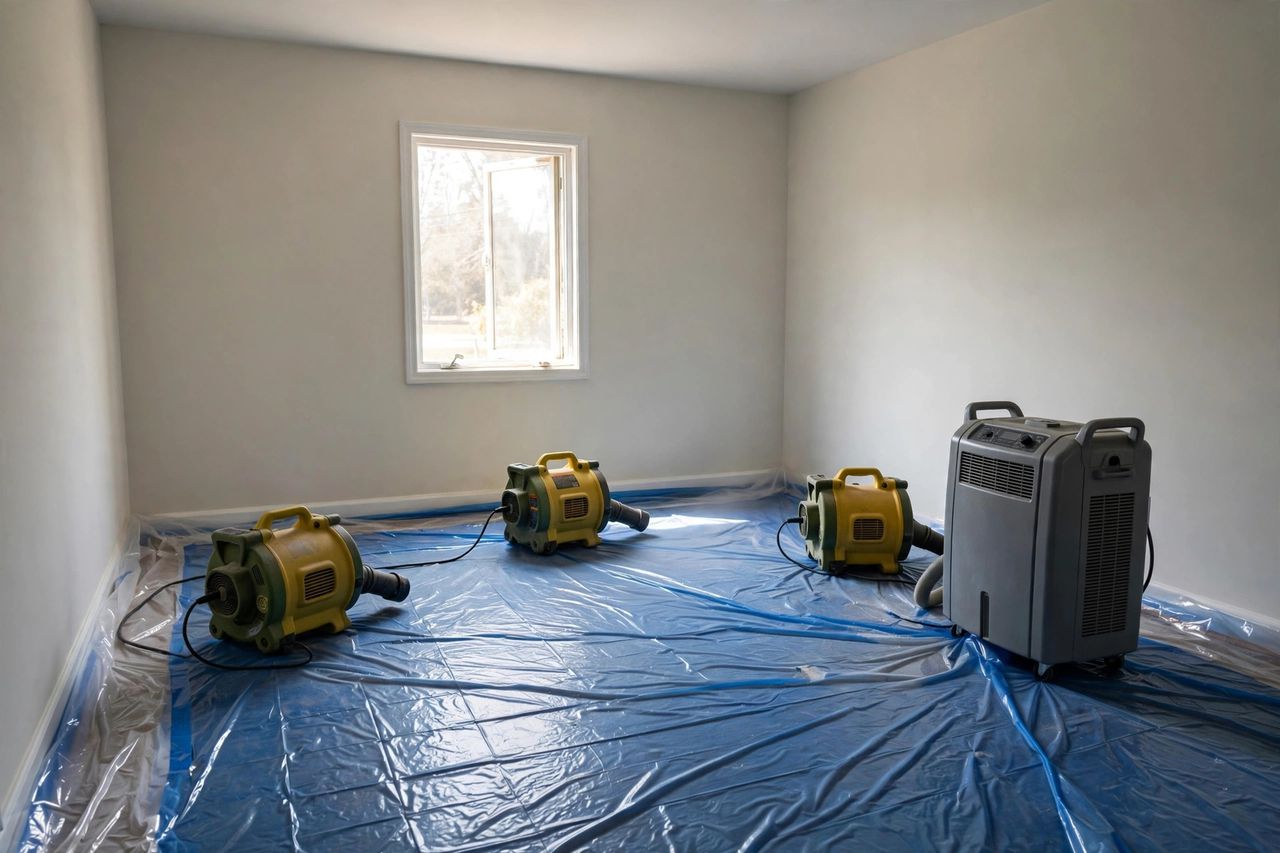 Air movers and dehumidifier drying a room after water cleanup