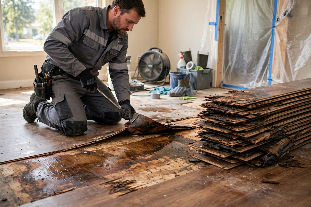 Removing damaged flooring after a sewage backup
