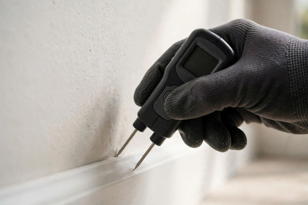 Technician checking a wall for hidden moisture with a moisture meter